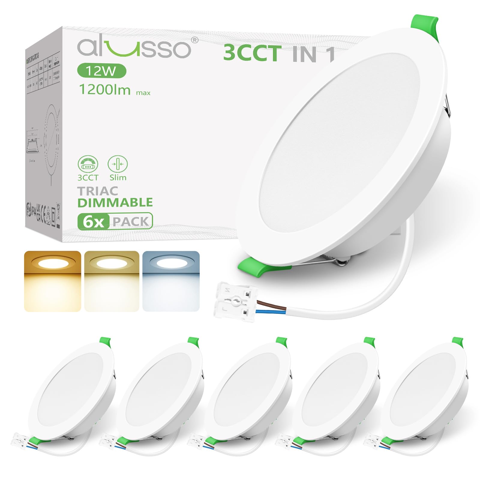 ALUSSO LED Downlights Ceiling Dimmable 12W 1200LM IP44 Recessed Ceiling Lights, 3CCT 3000K Warm 4000K Neutral 6500K Cool Adjustable Bathroom Spotlights, White, 6 Pack