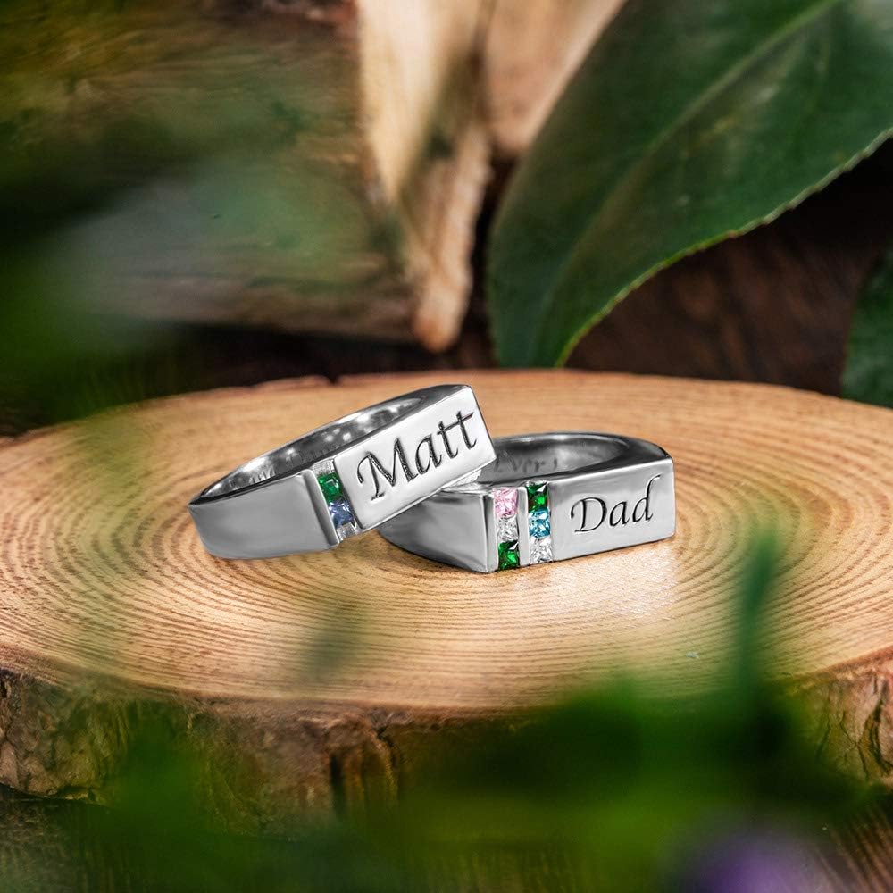 AILIN Personalized Birthstone Rings 925 Sterling Silver/Brass Custom Engraving Name Rings Birthday Jewelry Father Gifts For Husbands Dad Grandpa Men From Wife-Silver Color