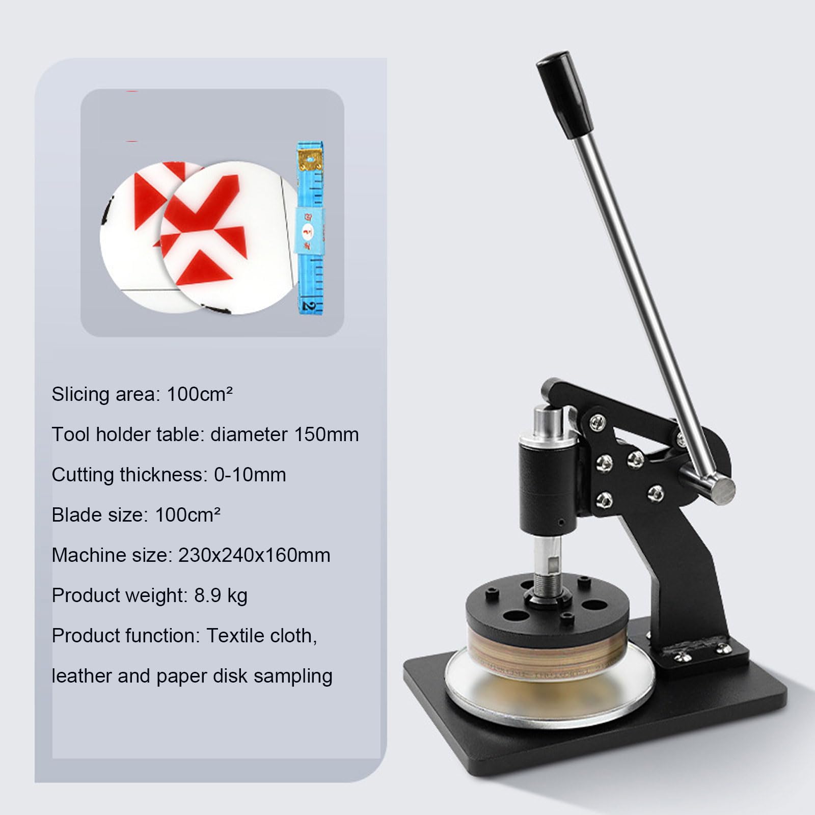 100 qcm Stoffprobenschneider Handdruck Probenahmemesser mit Trägerplatte 0,1-10 mm Schnittstärke 150 mm Durchmesser Klingenbasis Runde Stoffprobenscheibe für Textil Drucken Färben