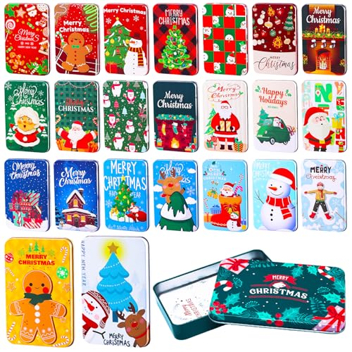 MGparty 24 PCS Christmas Gift Card Tin Boxes with Lids, Small Metal Holiday Gift Card Holders for Candy Cash Jewelry, Bulk Xmas Stocking Stuffers & Christmas Party Favor Gift Set