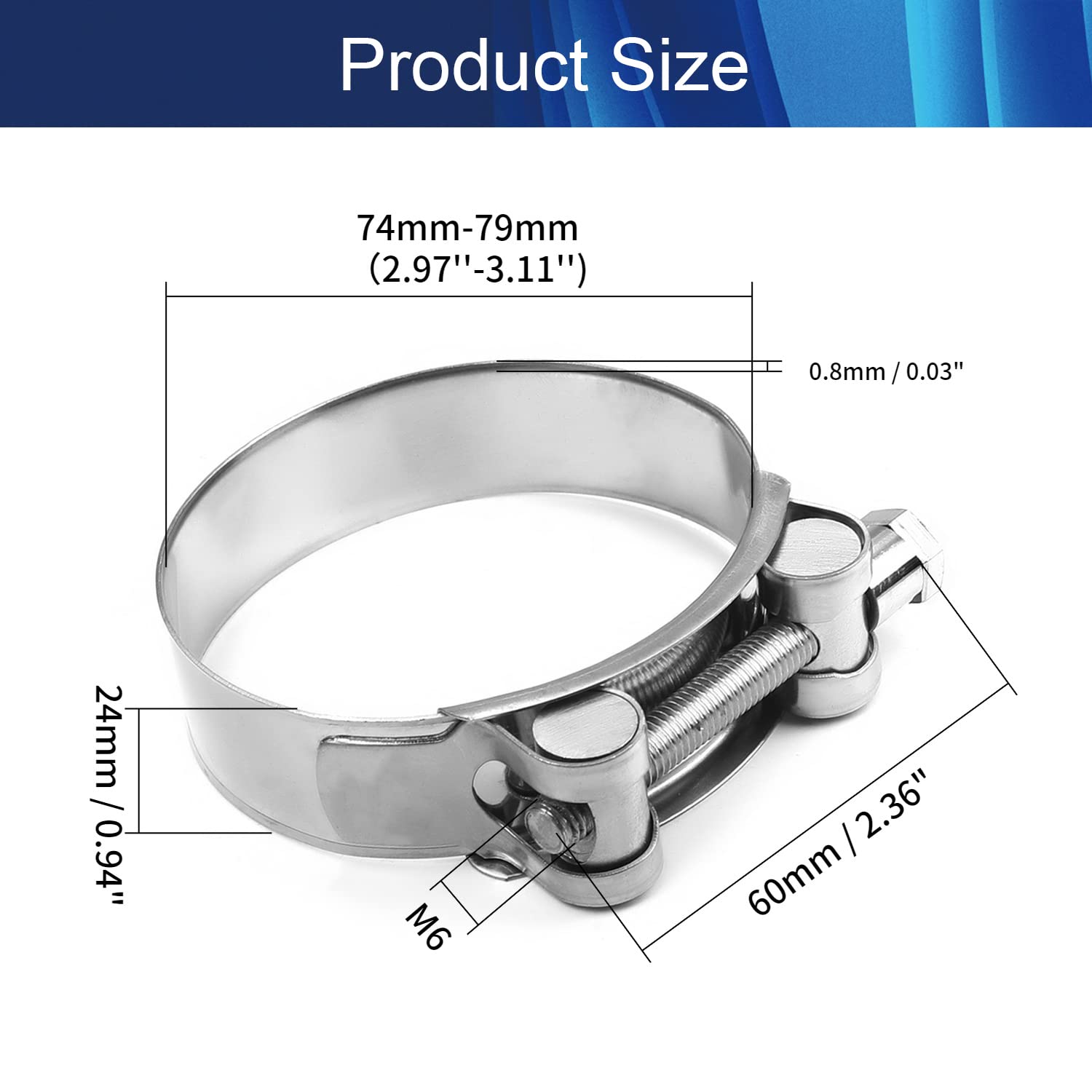 Juvielich T-Bolt Hose Clamp,Clamp Range 74-79mm,for Fuel Pump Filter Hose Plumbing Silver 1pcs