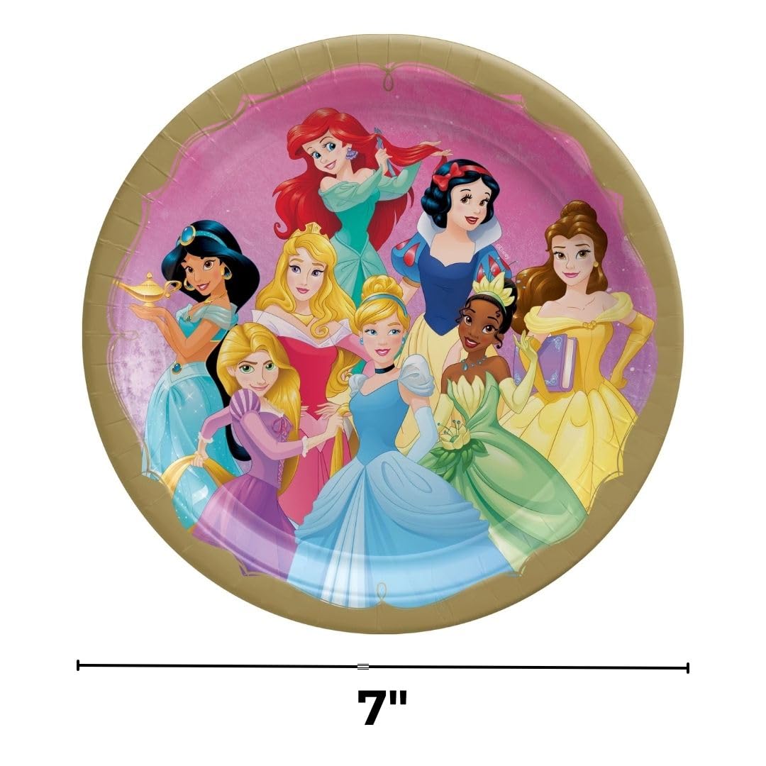 amscan Piatti di carta rotondi multicolore con principesse Disney (17,8 cm), confezione da 8, vivaci stoviglie per feste, compleanni, feste ed eventi