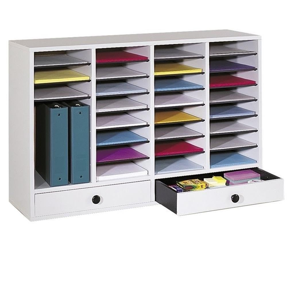 Pemberly Row Office/Classroom 32 Compartment Literature Mailbox Organizer with 2 Storage Drawers, Light Grey
