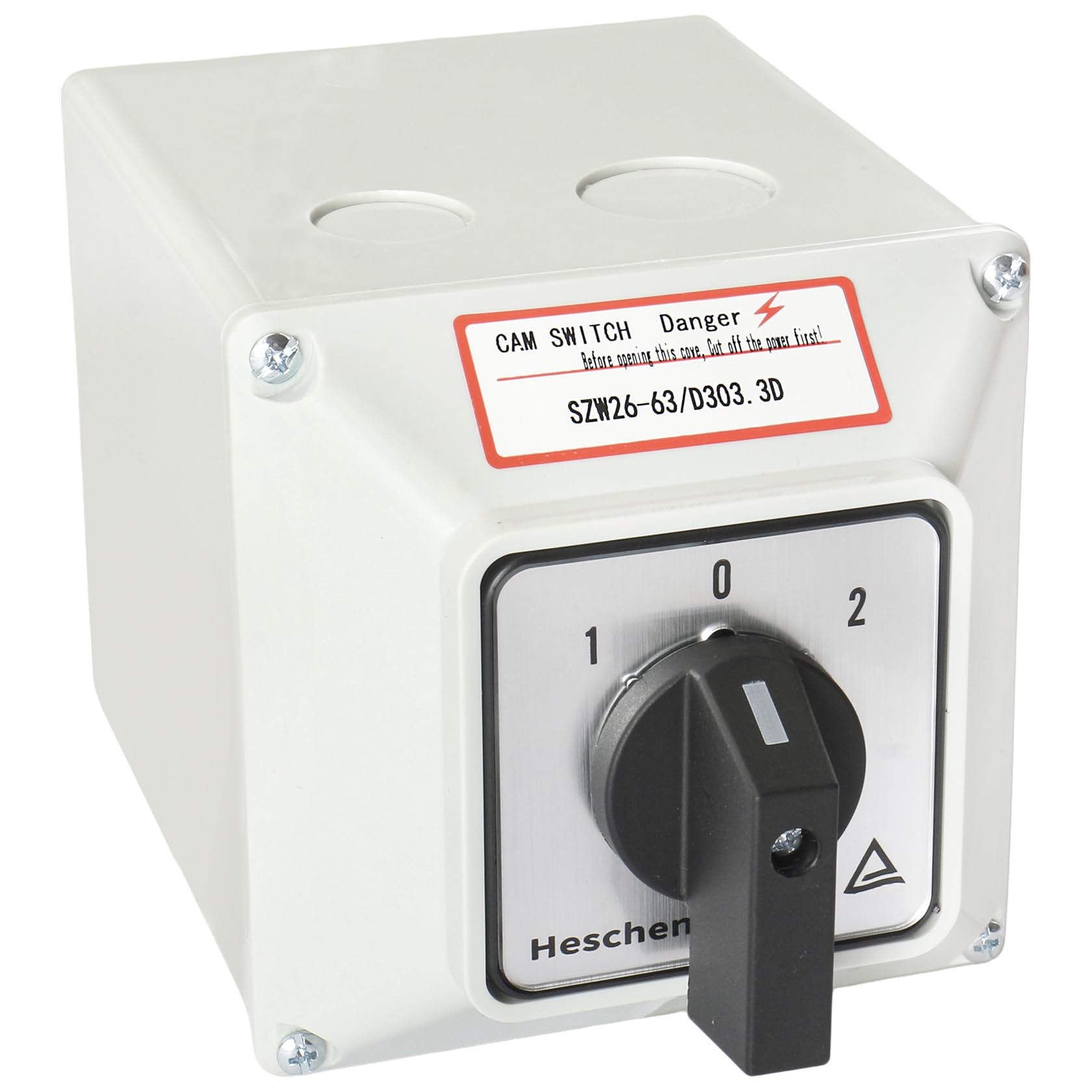 Heschen Interruptor de cambio de selector de leva giratorio universal, SZW26-63/D303.3D, 660V 63A, ON-OFF-ON 3 posiciones, 3 fases 12 terminales, con caja exterior de interruptor maestro