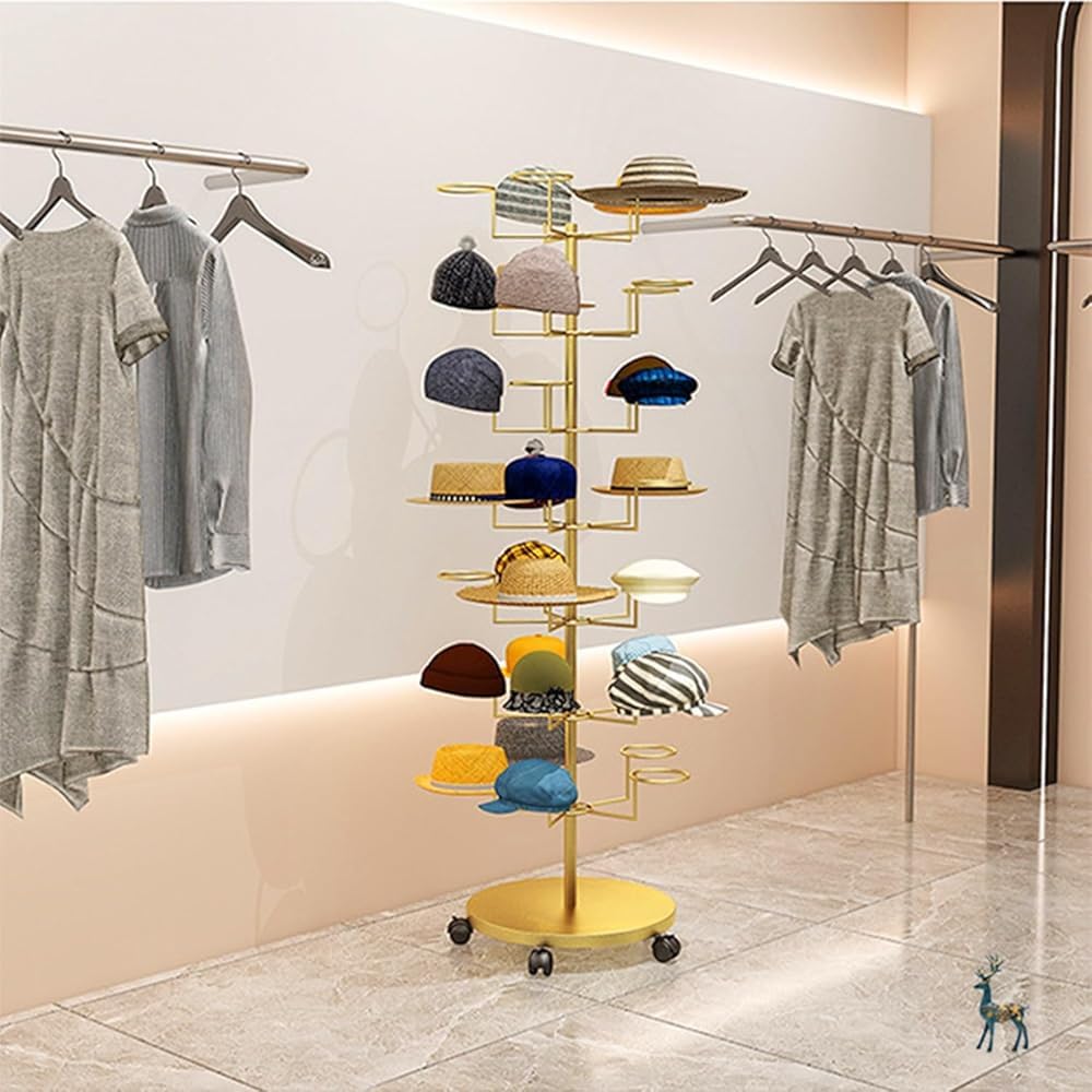 Percheros con ruedas, soporte giratorio de metal para sombreros, gorras y pelucas, organizador independiente para sombreros