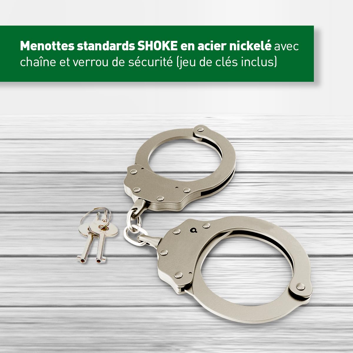 SHOKE Véritables menottes de police - chaînes de sécurité avec serrure - déverrouillage par clé - en acier inoxydable - 2 clés incluses - Couleur : Gris