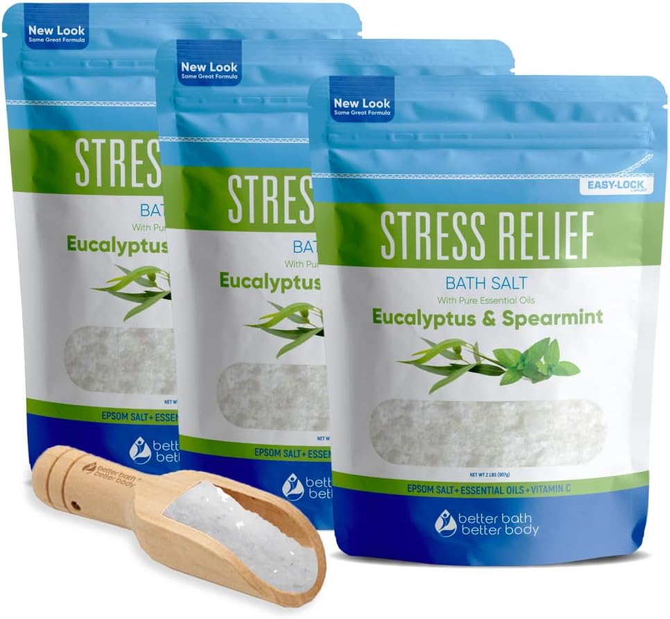 Stress Relief Bath Salt (3 Pack Plus Scoop) Epsom Salt Relaxing Bath with Eucalyptus and Spearmint Essential Oils Plus Vitamin C Crystals in BPA Free Pouch Made in USA 2 lbs Pouches 6 Lbs Total