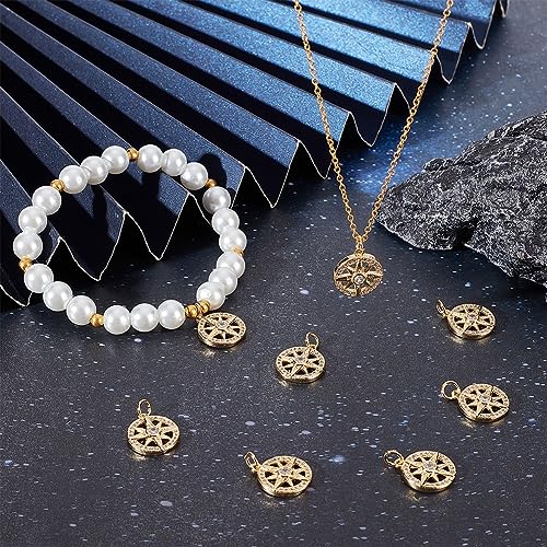 Beebeecraft 1 Box 10Pcs Compass Charms Micro Pave Cubic Zirconia Crystal Stone Golden Flat Round Pendants for DIY Jewelry Making Findings - Image 4