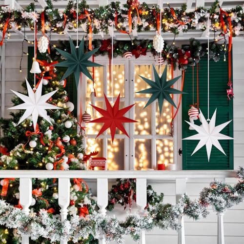 Image of 5 PCS Red Green White Paper Star Lanterns Hanging Stars Christmas Party Decorations Hanging Lampshade Wedding Birthday Home Party Decorations (12 Inch)