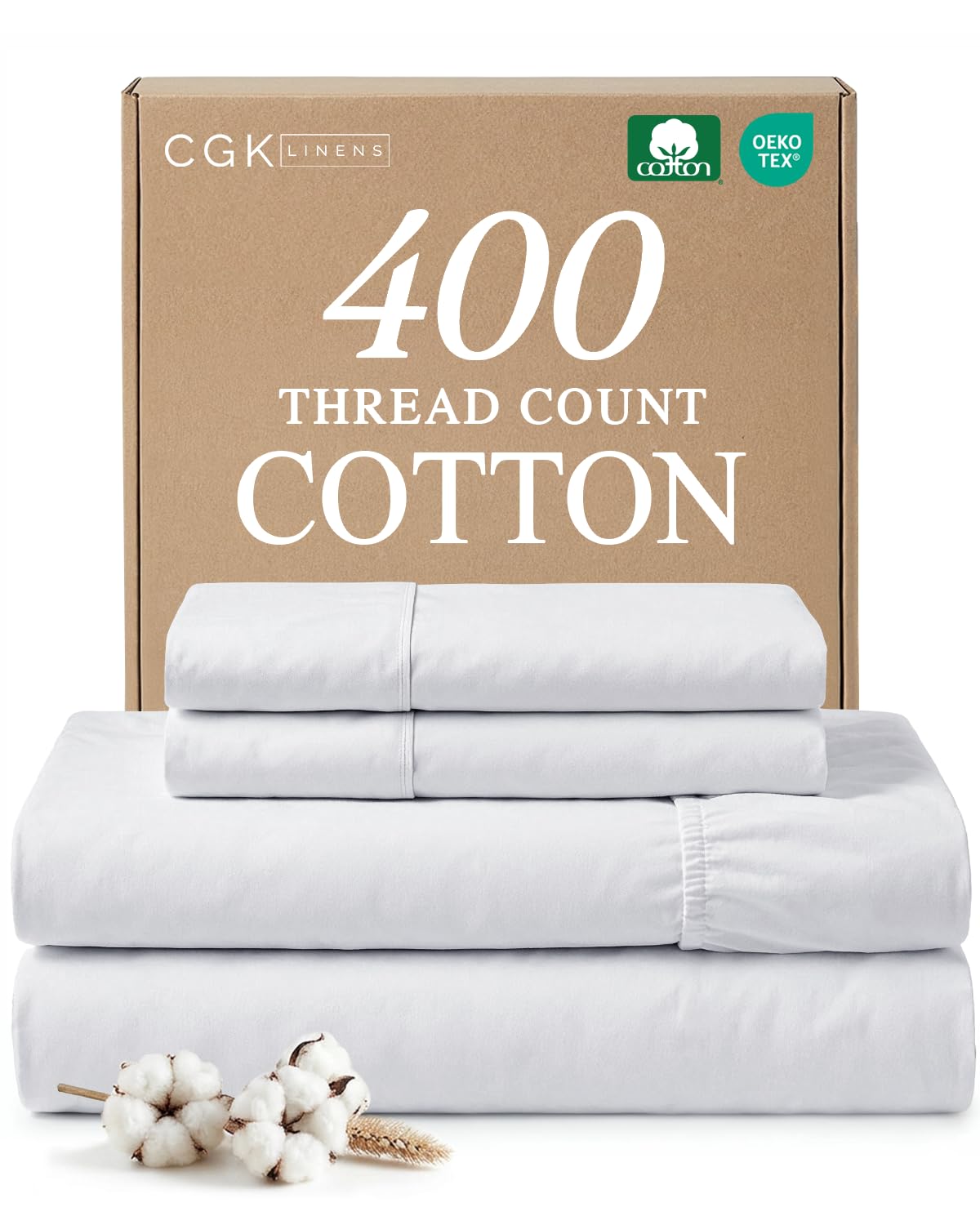 Juego de sábanas 100 % algodón tamaño King, 4 piezas de 400 hilos, juego de cama de algodón de fibra larga, ultra suave, cómodo y transpirable, 1 sábana encimera, 1 bajera y 2 fundas de almohada con