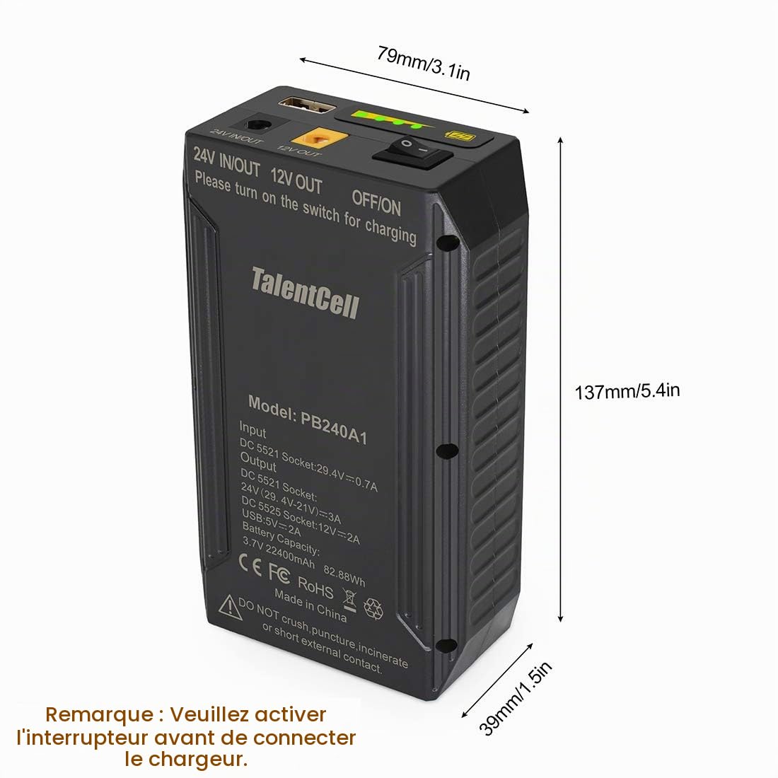 TalentCell Banque d’alimentation externe Batterie lithium-ion rechargeable 24/12/5V 82,88Wh 22400mAh avec chargeur pour bandes lumineuses LED, caméras de vidéosurveillance, etc. (Noir)