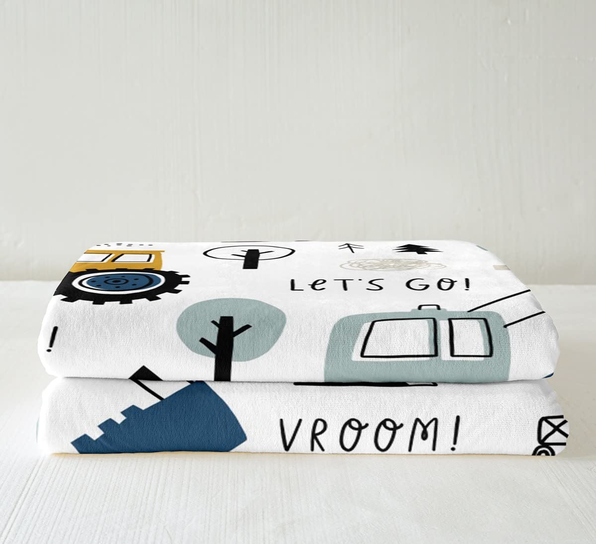 Loussiesd Auto Wohndecke Kinder Jugend 150x200cm Karikatur Bagger Kran Zugmaschine Dekor Kuscheldecke Mädchen Jugendliche Schlafzimmer LKW Traktor Flanell Fleecedecke Weiß Gelb