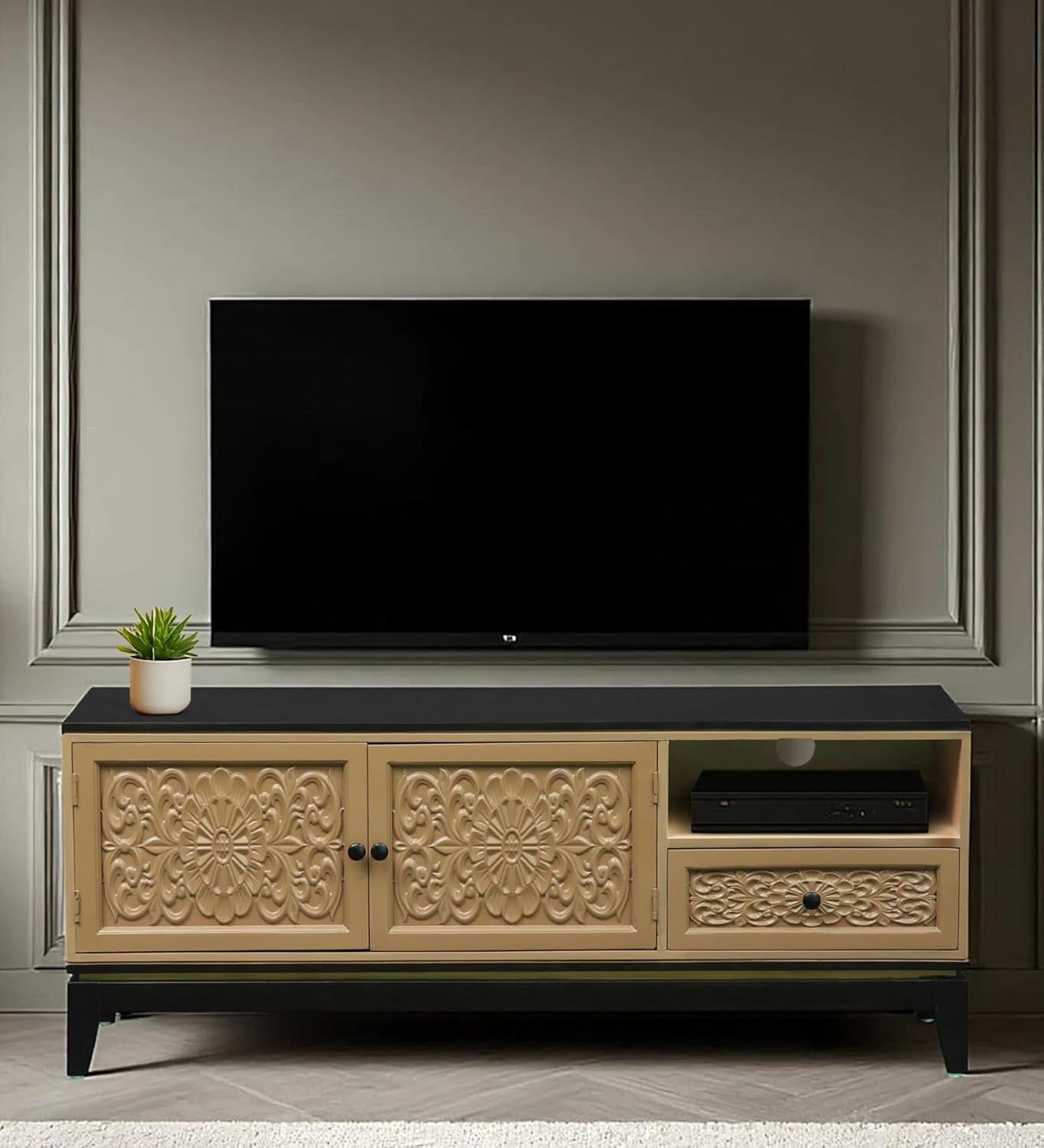 Rathkaar Wooden TV Unit Entertainment Media Console for Living Room, Solid Mango Wood TV Cabinet with 1 Drawer, Open Shelf & 2 Door Storage, Black & Golden Finish TV Stand for Home-picture-20