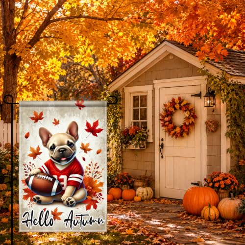 Image of BlissYard Fall Garden Flag 12x18 Inch Bulldog Football Hello Autumn Decor | Double sided polyester, fall bulldog football design, Thanksgiving decorations for yard and seasonal outdoor display
