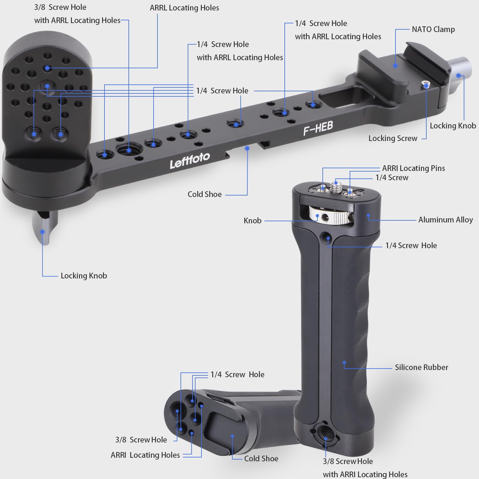 LEFTFOTO Kit de support d'extension de poignée réglable en silicone pour DJI RS2/RS3 Pro/RS3 Mini stabilisateur de cardan, avec pince OTAN