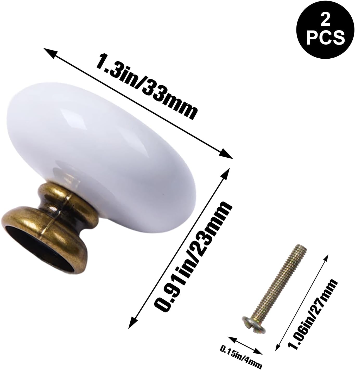 2Pcs 1.3 inch Round Ceramic Cabinet Knobs, Antique Brass Base and Vintage Drawer Pulls Handles for Dresser Closet Cupboard Wardrobe Kitchen, White
