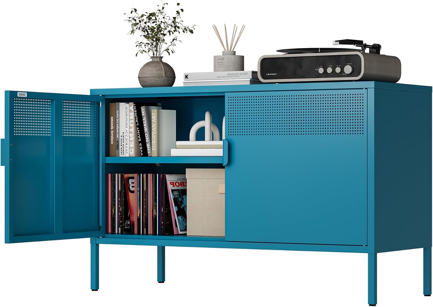 Armario Metalico,Aparador de Metal Estantes con Puertas,Marco de Acero,Armario de Almacenamiento para Oficina en Cocina,Salón,Comedor,Entrada,40 x 100 x 64AL cm,Azul