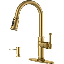 DAYONE Brushed Gold/Brass Pull Down Kitchen Faucet with 3-Mode Sprayer and Soap Dispenser, Single Handle High Arc Faucets for Kitchen Sink with Deck Plate, DAY-APS136-BTG