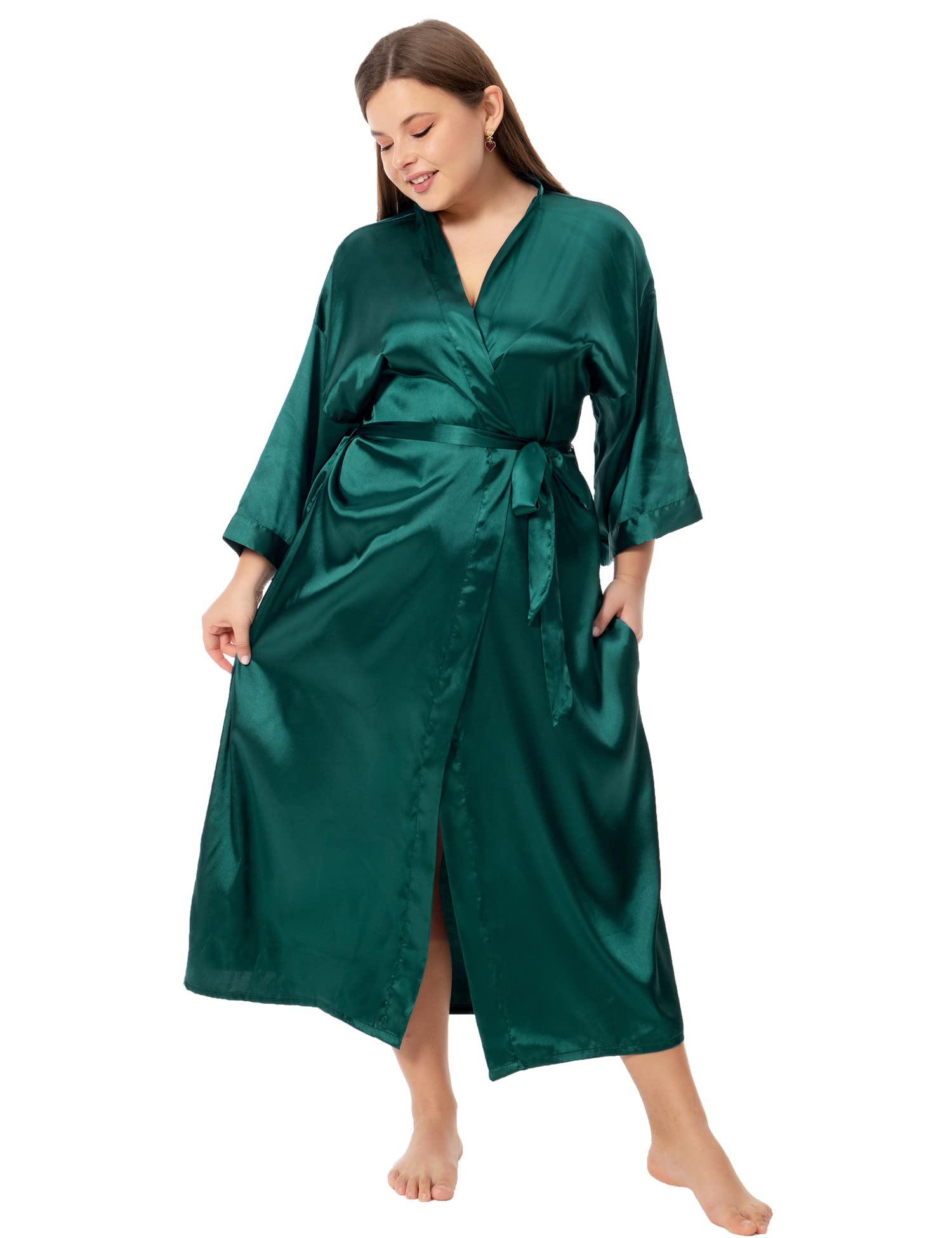 Bata larga de satén floral para mujer, talla grande, de seda, kimonos florales de pavo real, ropa de dormir.