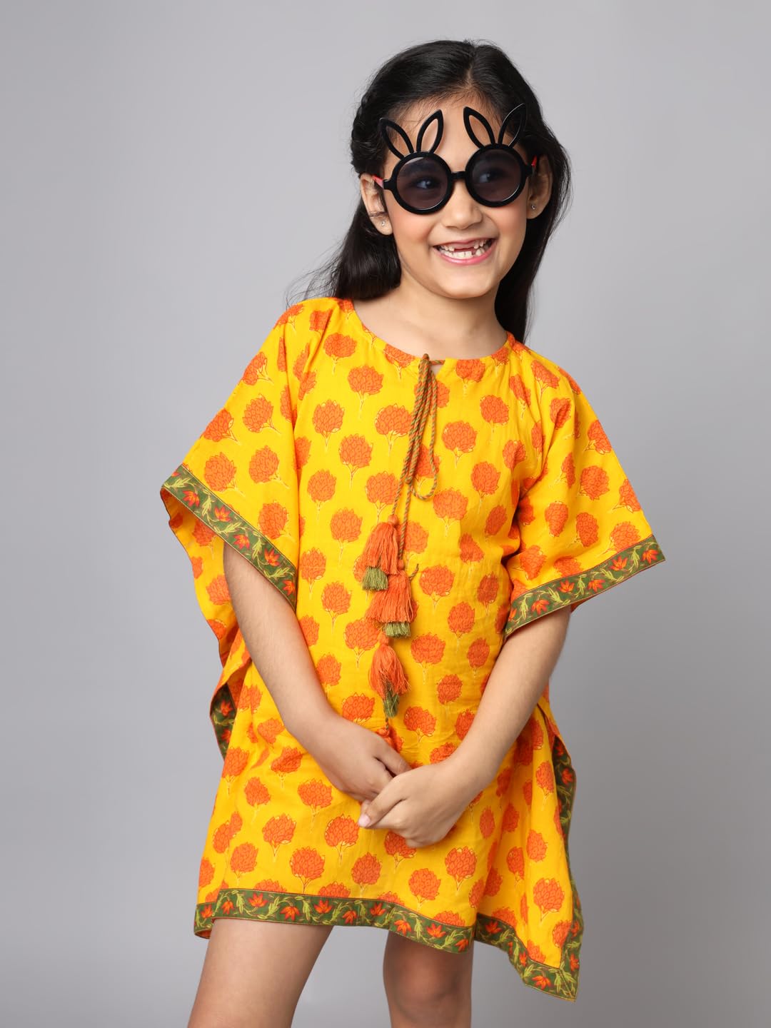 FABRIC FITOOR Girls Cotton Yellow Colour Floral Print KaftanTop (5/6y) 4