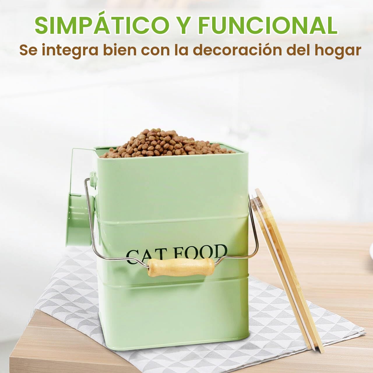 Geyecete Metal - Contenedor de croqueta para gatos (6 L, cajas para alimentos y golosinas, animales y herméticos, madera, tapas de acero al carbono revestidas, – Croqueta de gato con mango verde