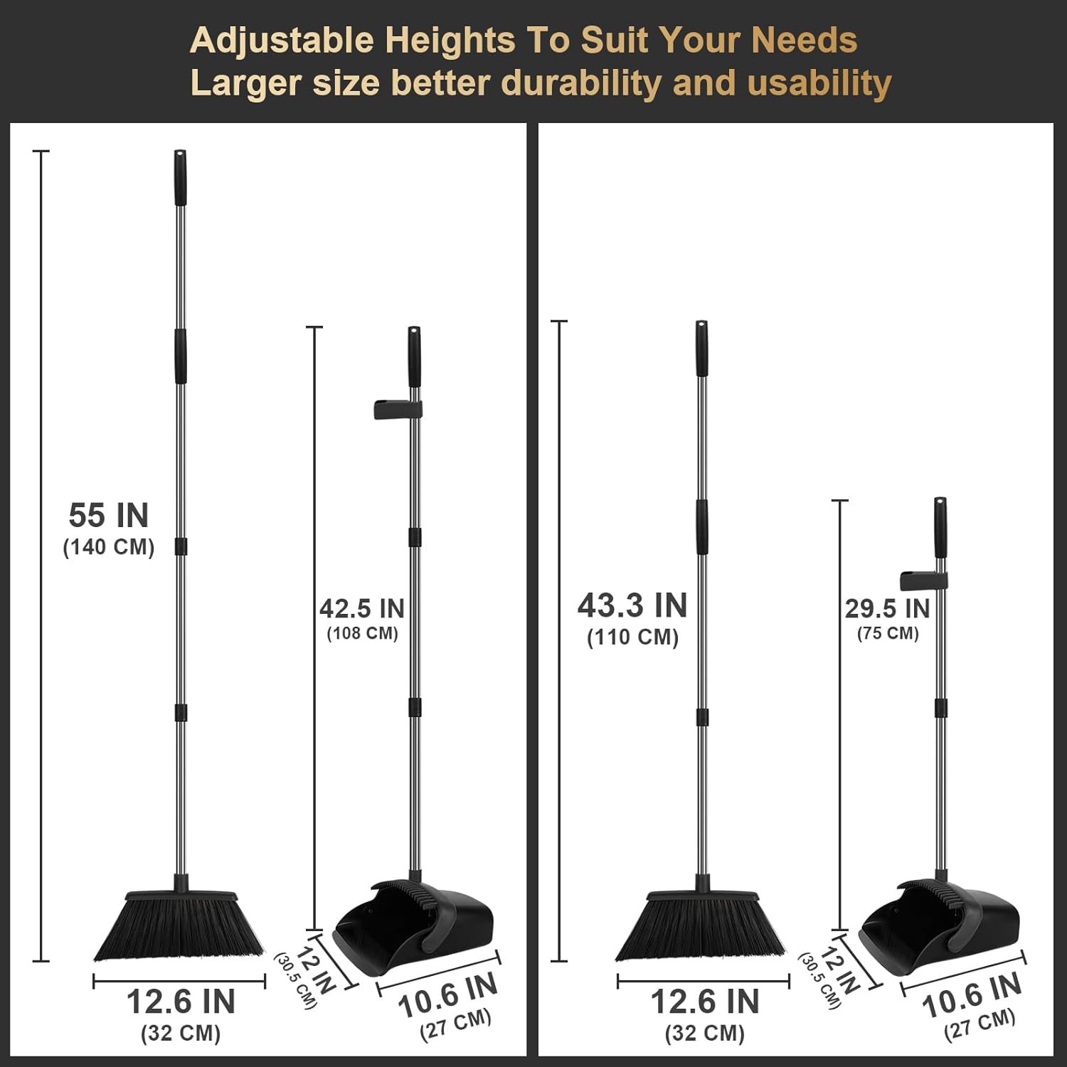 Upgraded Broom and Dustpan Set, 55" Long Handle Black Large Broom with Dustpan Combo Set，Self Cleaning Dustpan for Lobby Kitchen Office Restaurant - Image 2