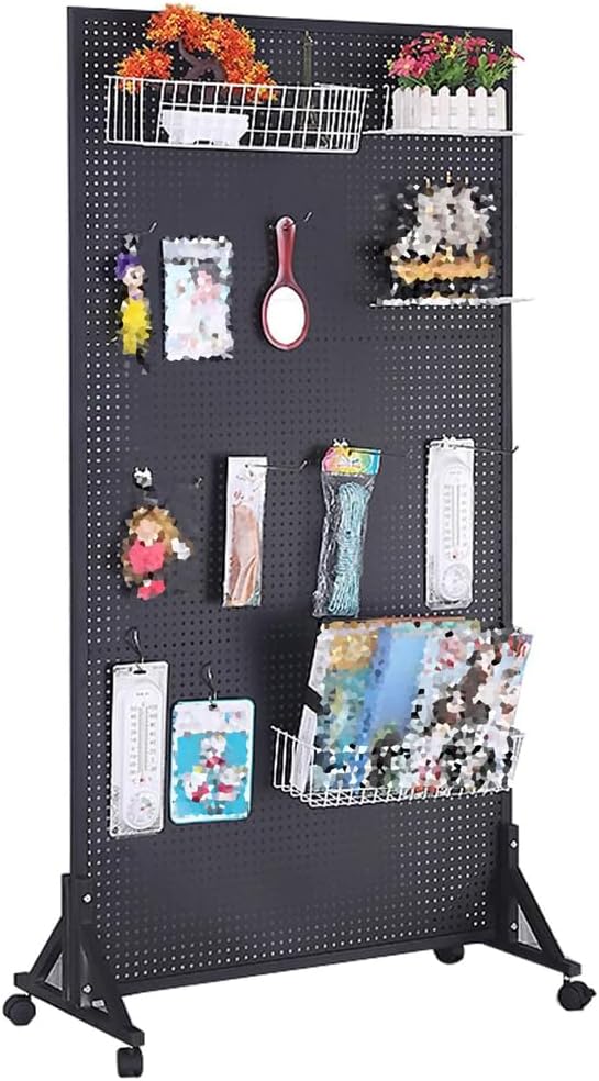 Yiustldd Metal Pegboard Display Stand, Standing Pegboard Panels Display with Wheels, Portable Peg Board Display Rack for Storage And Organization,Black,50x120cm