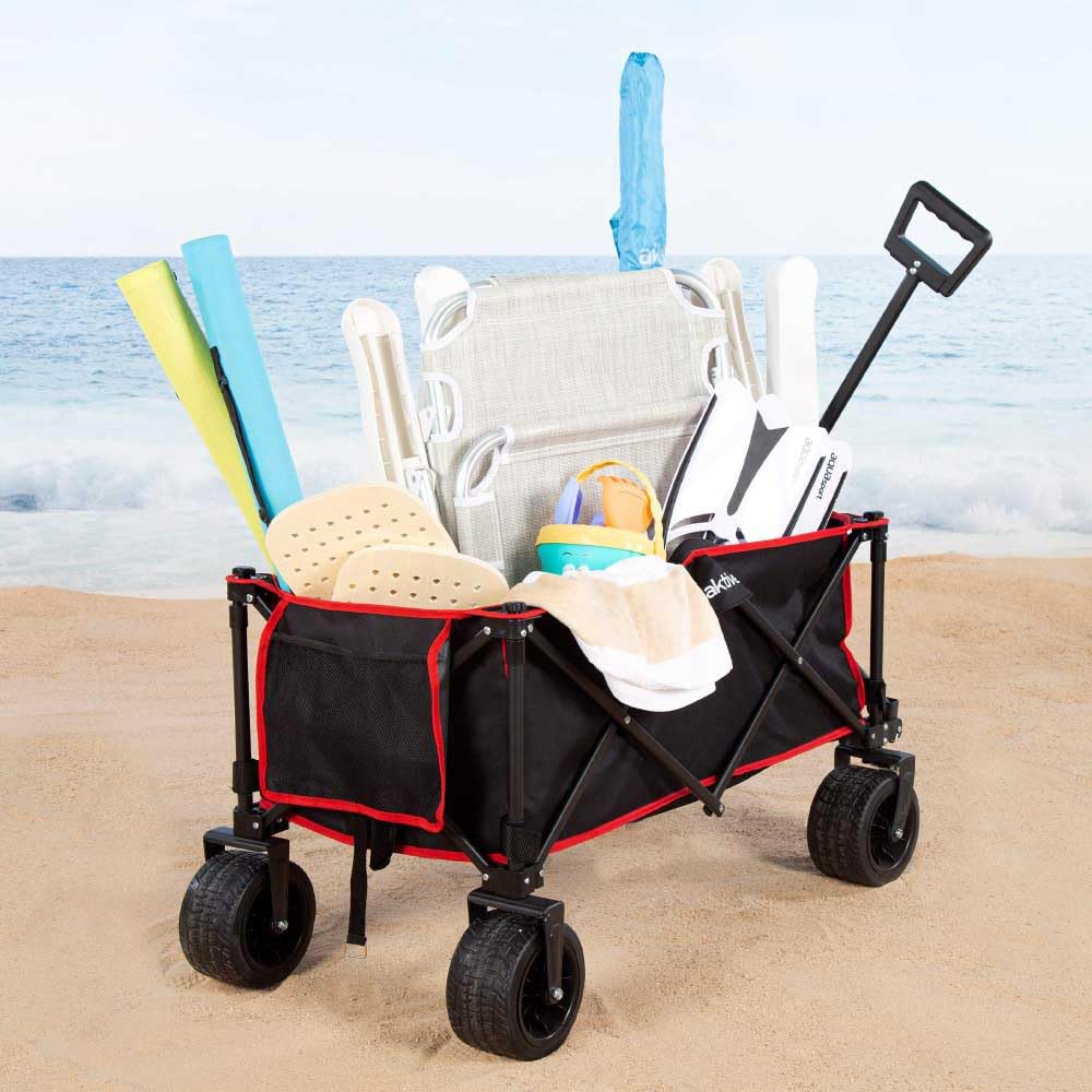 AKTIVE Strandtischwagen, Zum Transportieren von Strand-, Garten- oder Campingzubehör, Schwarz, 100 kg, Stabile 360º Schwenkräder mit Bremse, Mehrwinkelgriff, Tasche, Abdeckungen, Stuhlgestell (62373)
