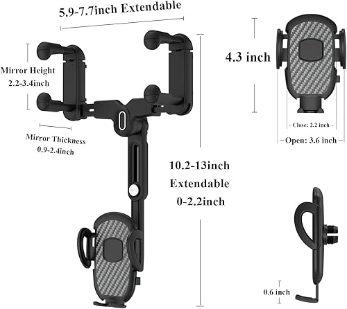 Miniatura 7 de Soporte de teléfono de coche para espejo retrovisor, giratorio 360 y retráctil, se adapta a teléfonos inteligentes de 4.0 a 7.0 pulgadas, espejo