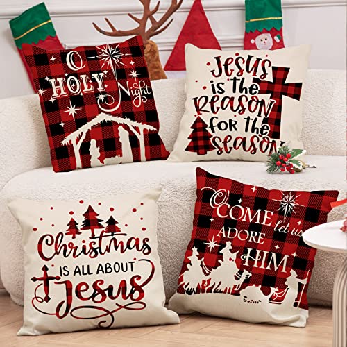 Anydesign A0709 Christmas Pillow Cover 18 X 18 Inch Red Black Buffalo Check Plaids Holy Night Throw Pillow Case Decorative Cushion Cover Case thumb #5