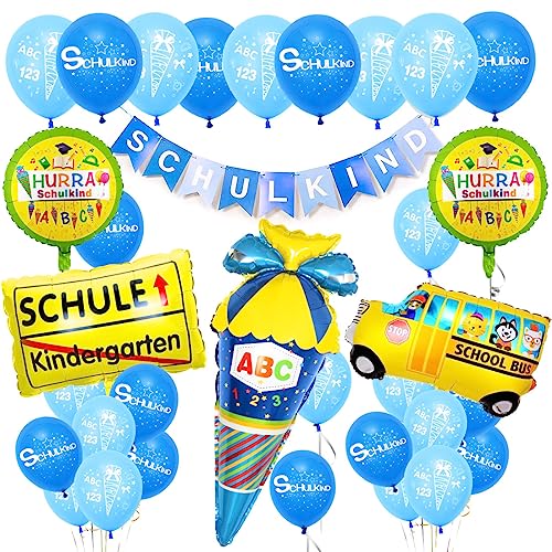 Einschulung Deko Set für Jungen - Blaue Schulkind Banner, Zuckertüte...