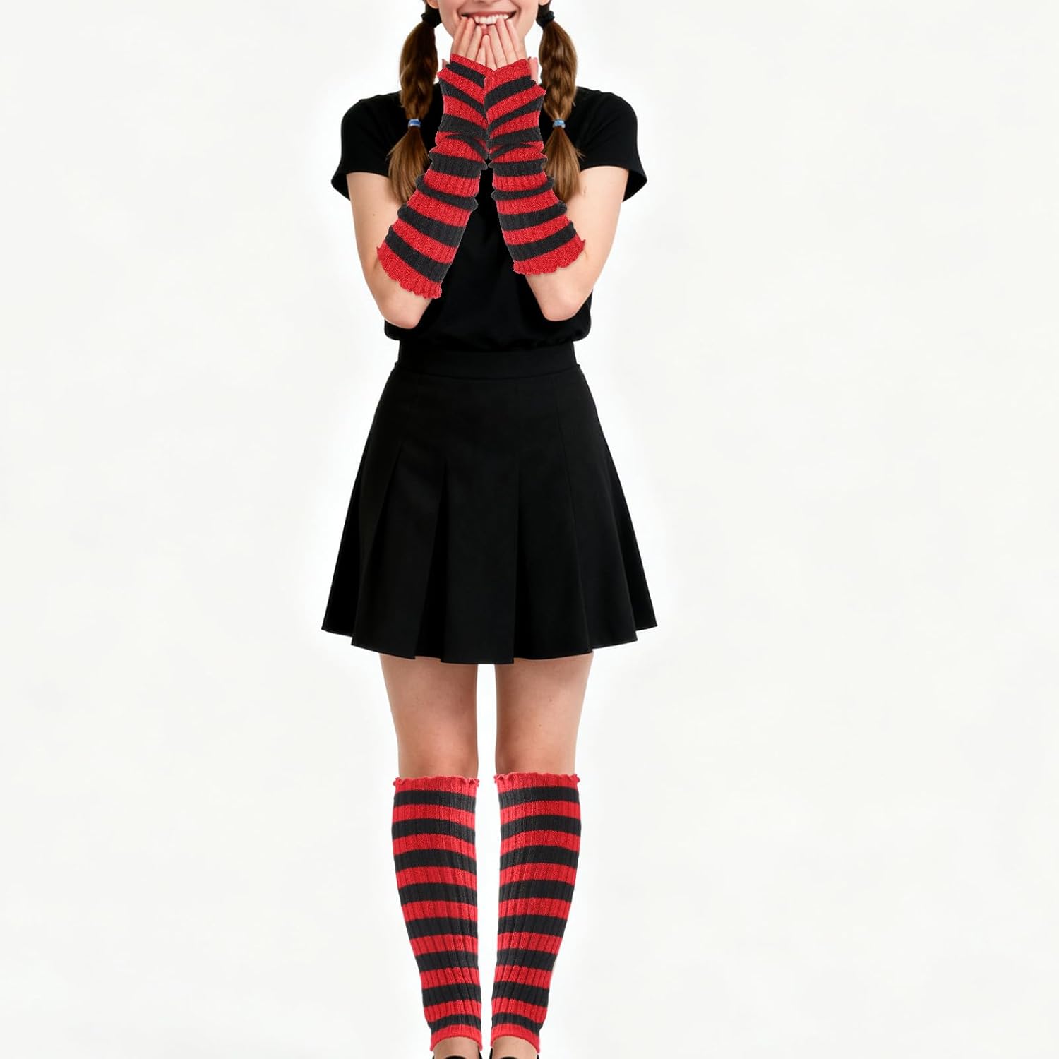 Red-Black Stripe Knit Arm Warmers Striped Arm Warmers Striped Leg Warmers Y2k, Punk Gothic Alt Emo Scene Cool Winter Arm Sleeves Grunge Accessories - Image 3