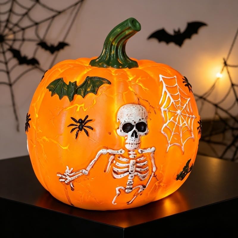 Halloween Led Light Up Pumpkin Decoration: 6.68 Inch Resin Lighted Pumpkin for Tabletop - Garden Outdoor Kitchen Indoor Decorations Party(Not Included Battery)