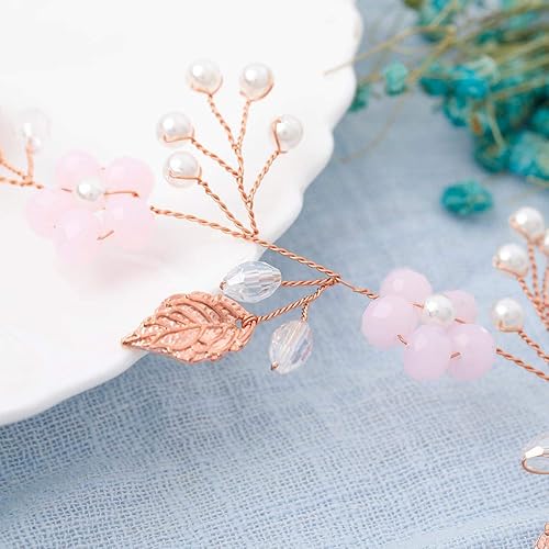 Miniatura 6 de Diadema de novia de oro rosa con flores de vid y perlas de cristal para mujer (oro rosa)