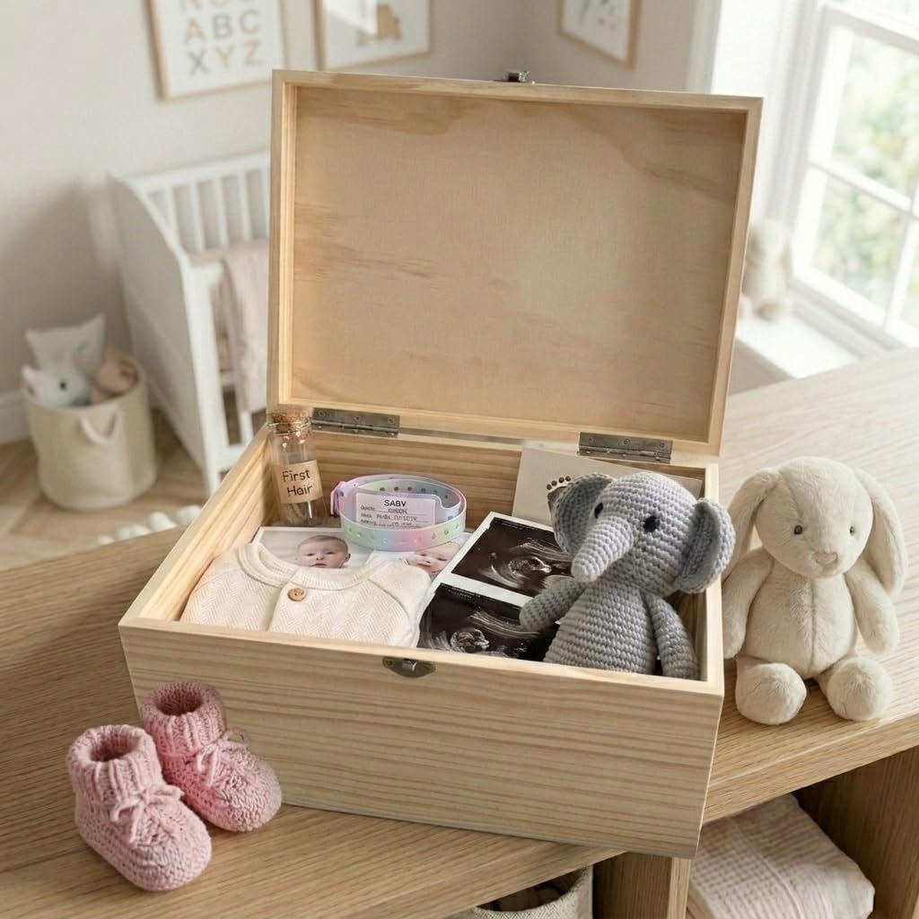 Scatola dei ricordi personalizzata per bambini, ghirlanda rosa, scatola regalo per ricordi preziosi per neonati, nome e data personalizzati, scatola di pino con cerniere e chiusura in metallo, 30 cm x