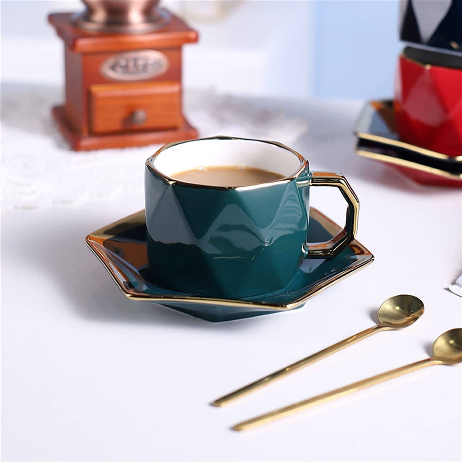 Taza de café de Viaje, Taza de café de cerámica con Lado Dorado Simple con Plato de Postre, Juego de Tazas de té de la Tarde, Taza de Desayuno, Regalos para papá y mamá (Verde)