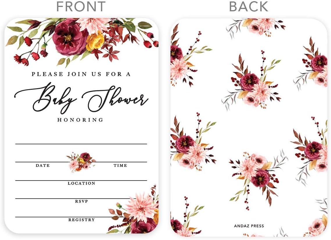 Andaz Press Fall Burgundy Marsala Baby Shower Party Collection, Blank Invitations with Envelopes, Marsala Floral Graphic Design, 20-Pack