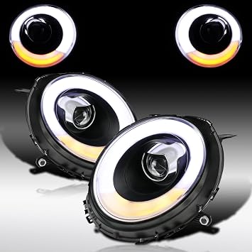 Autozensation Headlights For 2007-2013 MINI Cooper Black Left+Right | Halo, Rim, LED Turn Signal, Projector