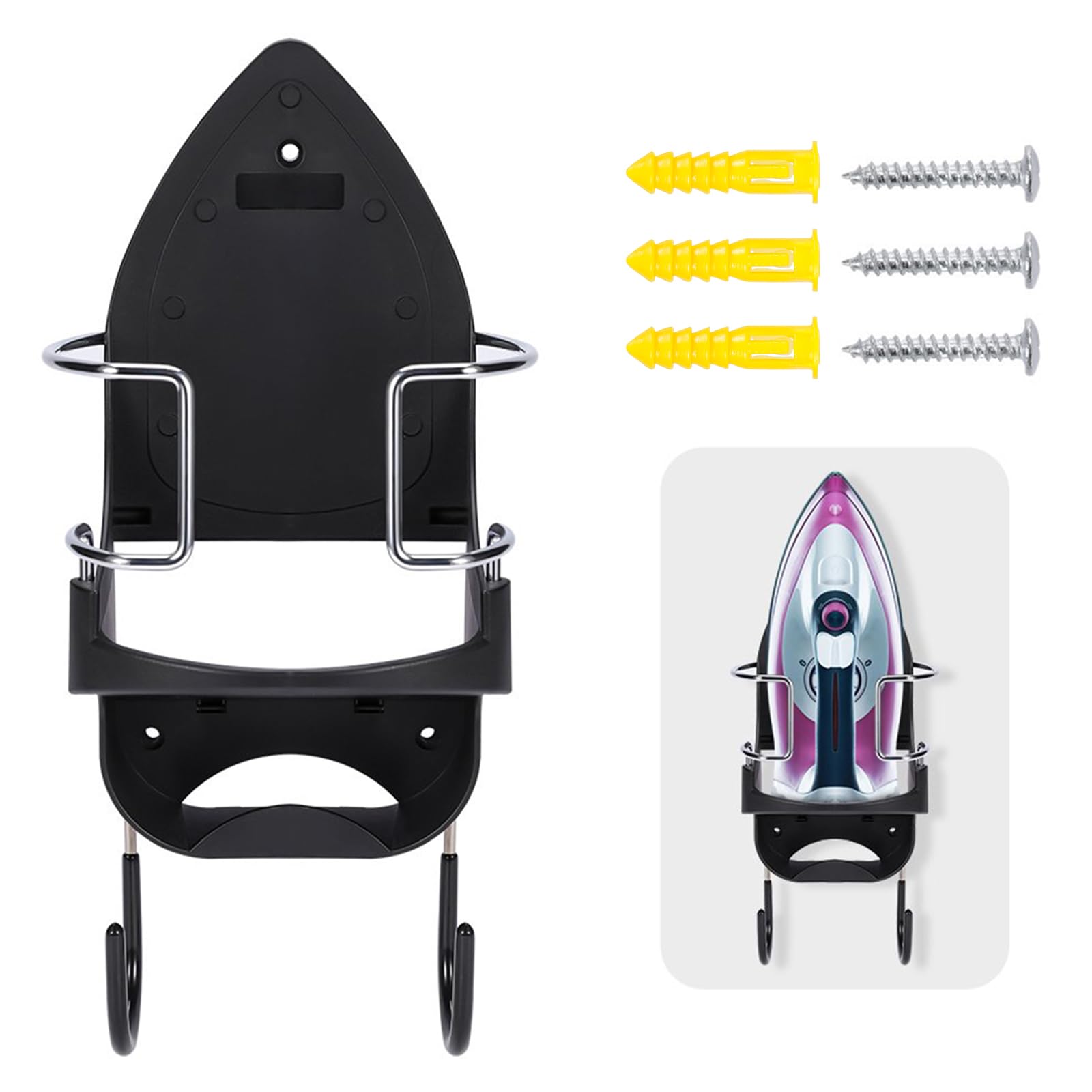 Kuanght Ironing Board Holder Wall Mount Electric Iron Hanger Rack with Coat Hook, Household Bathroom Iron Shelf Laundry Room Ironing Board Rack 13x 15.5x 36cm(Black)