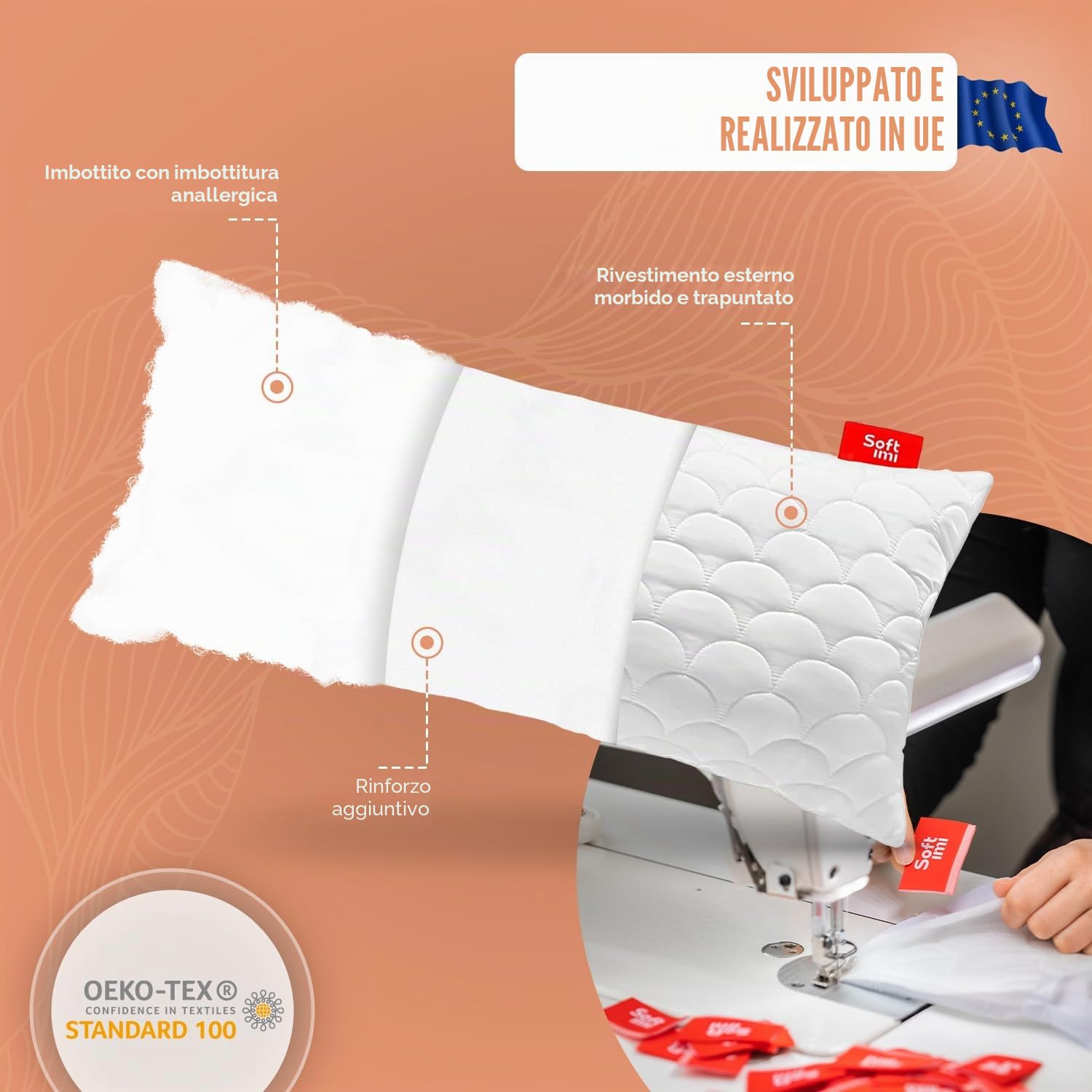 Premium Cuscino Trapuntato - Antiallergico - Anticarie - Inodore Immediatamente utilizzabile - Con Regolazione Della Durezza (Set di 2 Cuscini 50x90 cm)