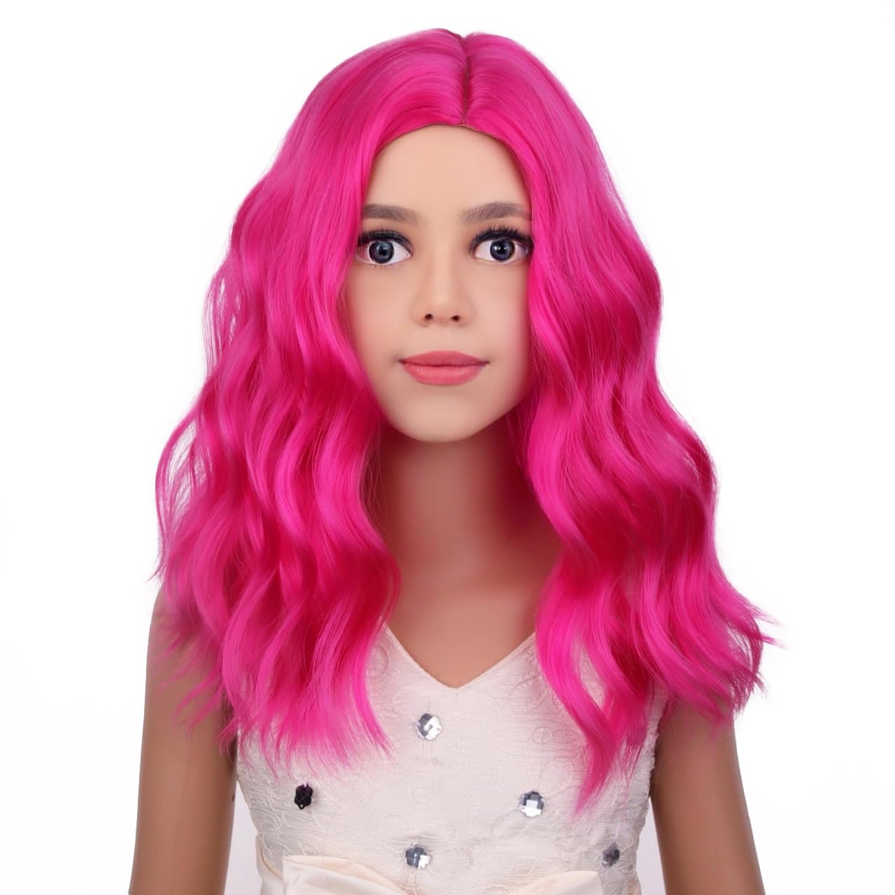 PATTNIUM Kids Child Hot Pink Wig Short Wavy Neon Pink Wig for Girls Magenta Wigs Heat Resistant Synthetic Wigs