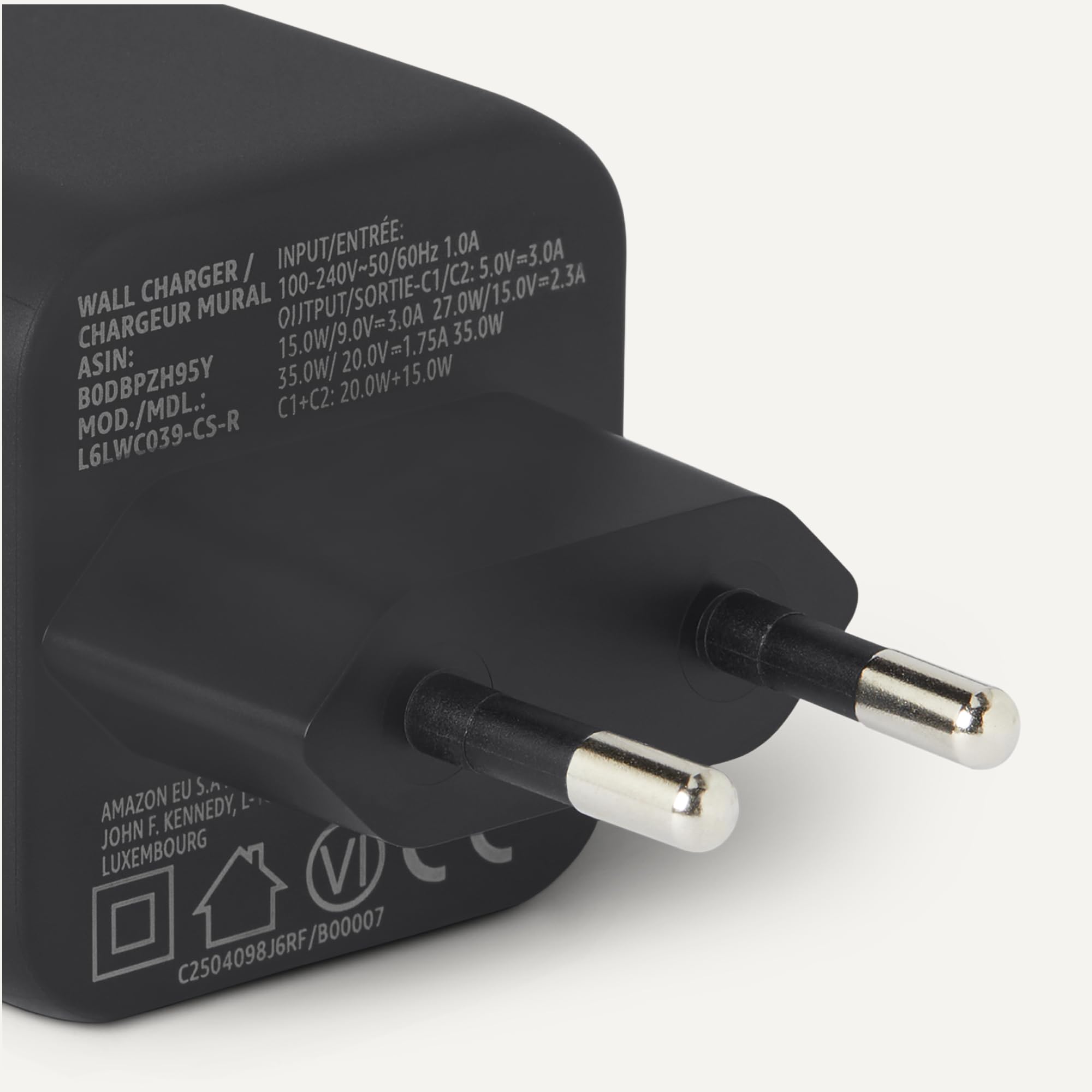 Amazon Basics Caricabatterie da Parete Nano GaN USB-C con Ricarica Rapida, 35W a 2 Porte per Tablet e Smartphone, Nero