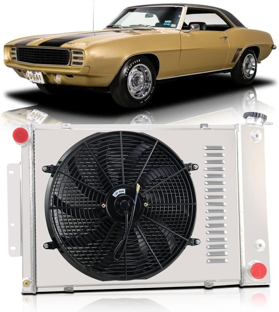 CoolingSky 62MM 4 Row Core Aluminum Radiator & Electric Fan Shroud & Relay Kit for 1967-1969 1968 Chevy Camaro & Firebird Big Block - Direct Replacement