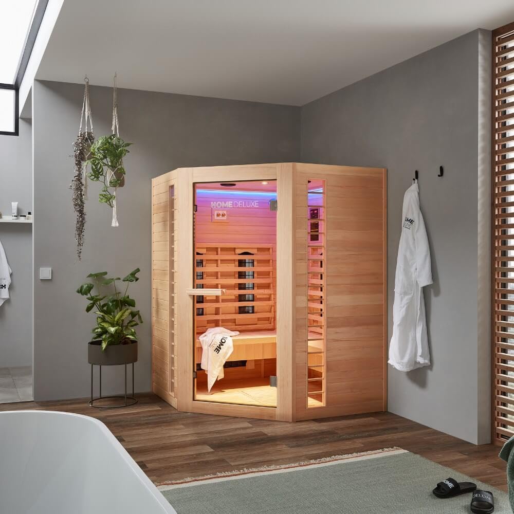 Home Deluxe – Cabine infrarouge – REDSUN XXL DELUXE -150 x 150 x 190 cm - pour 4 personnes, 7 radiateurs à spectre complet – Bois : pruche I Sauna infrarouge, sauna, cabine chauffante, infrarouge
