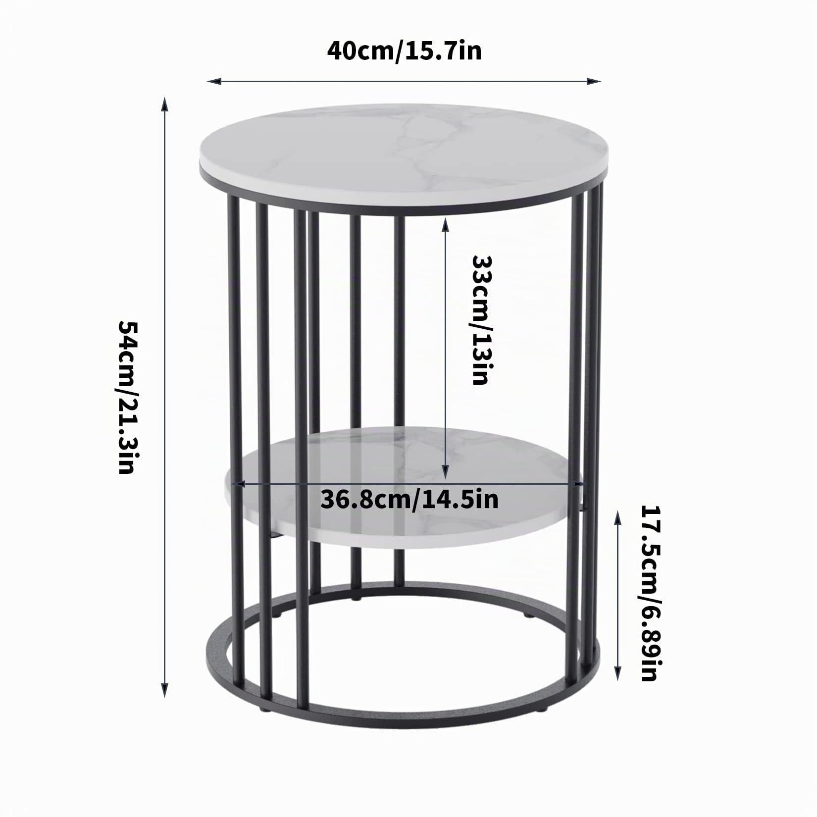 FATIVO Tavolino da Caffè Rotondo in Pietra Sinterizzata, Design Moderno | Effetto Marmo Tavolino Laterale da Divano Bianco per Soggiorno Salotto con Struttura Ferro 40x40x54cm