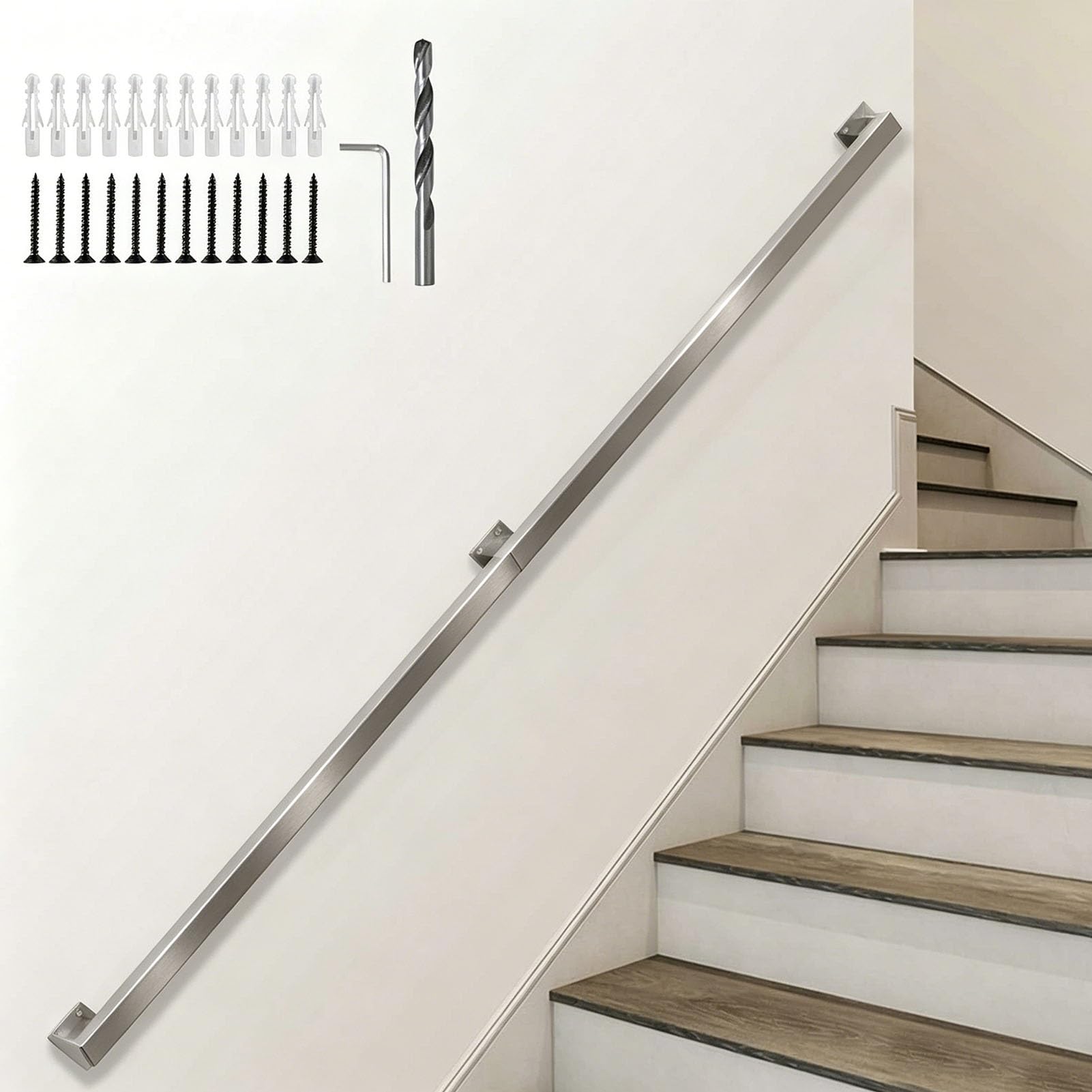 Junvstor Stainless Steel Handrail for Stairs - 1m 150cm 2m 240cm 3m 6m Staircase Banister Railing External Outside Wall Mount Safety Hand Rails Support Rod with Brackets Kit(16ft/480cm)