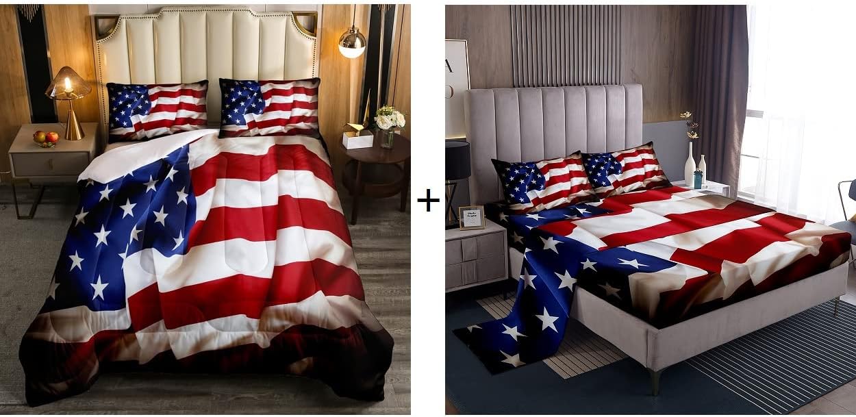 Erosebridal 7 Pieces American Flag Comforter Set with Fitted Sheet Set