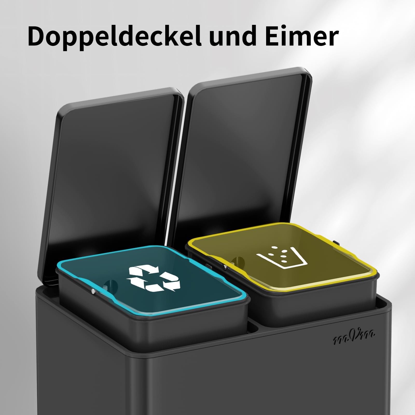 mVm Mülleimer Küche,30 Liter Treteimer,2 x 15 Liter Treteimer, 2 Fächer, Mülltrennsystem, Abfalleimer Küche mit Inneneimer aus Kunststoff,Metall,Klappdeckel, Softclose, Luftdicht