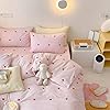 Sedefen Pink Striped Duvet Cover Queen Size Cute Red Heart Bedding Set 3 Pcs Kids Girls Kawaii Stripes Heart-Shaped Soft Breathable Microfiber Reversible Comforter Cover with Zipper Closure #2
