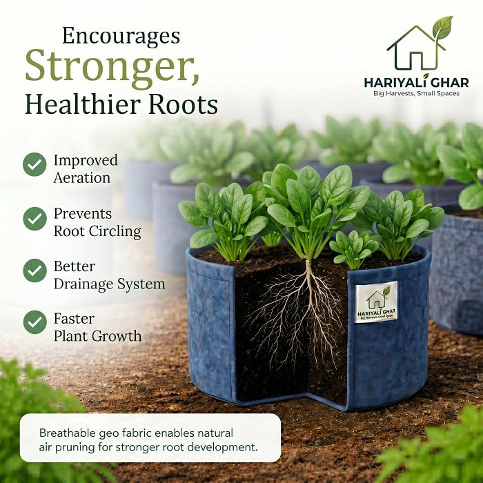 Image of 400 GSM Geo Fabric Round Grow Bags 12x6 Inch, Blue Planting Bags for Terrace and Kitchen Gardening Pack of 5